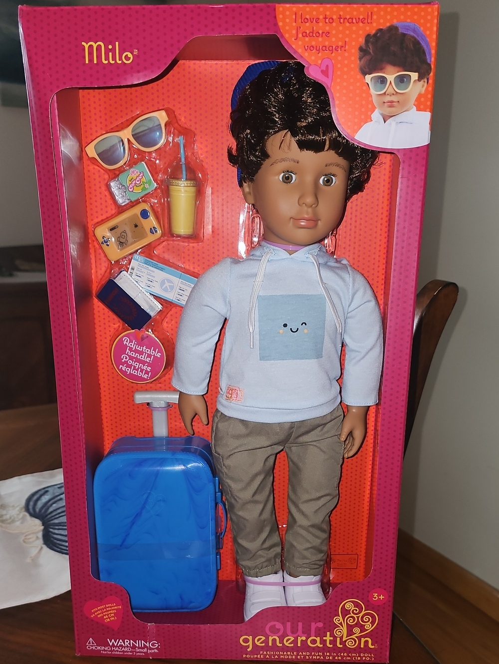 Milo Travel Doll with Light Blue Hoodie and Blue Suitcase